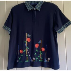 KAREN SCOTT Cotton Rich Womens XL TOP Golf polo EMBROIDERY blue SHIRT floral
